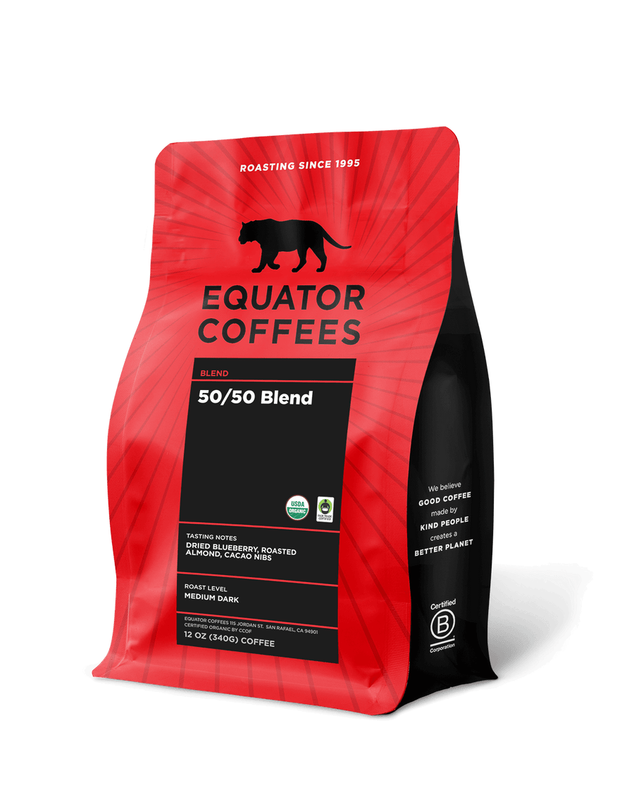 50-50 Blend Coffee | Certified Fair Trade Organic Coffee | Half Caf Coffee | Half Caffeinated Coffee | 12oz Bag of Whole Bean Coffee | Equator Coffees