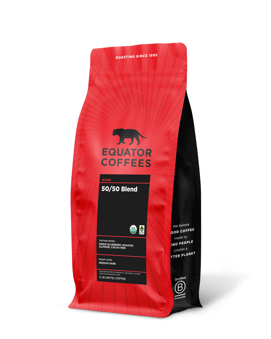 50-50 Blend Coffee | Certified Fair Trade Organic Coffee | Half Caf Coffee | Half Caffeinated Coffee | 2lb Bag of Whole Bean Coffee | Equator Coffees