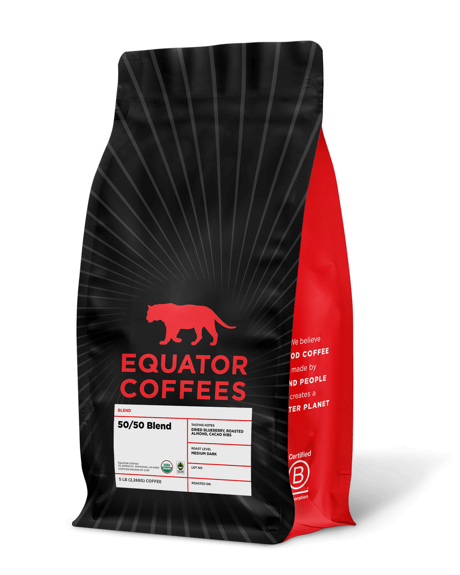 50-50 Blend Coffee | Certified Fair Trade Organic Coffee | Half Caf Coffee | Half Caffeinated Coffee | 5lb Bag of Whole Bean Coffee | Equator Coffees