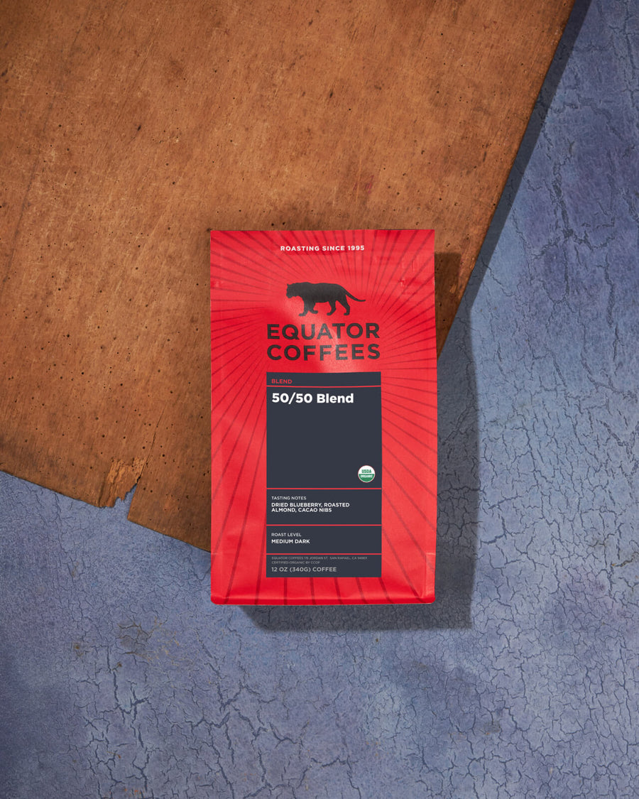 50-50 Blend Coffee | Certified Organic Coffee | Half Caf Coffee | Half Caffeinated Coffee | Coffee Bag Backdrop | Equator Coffees