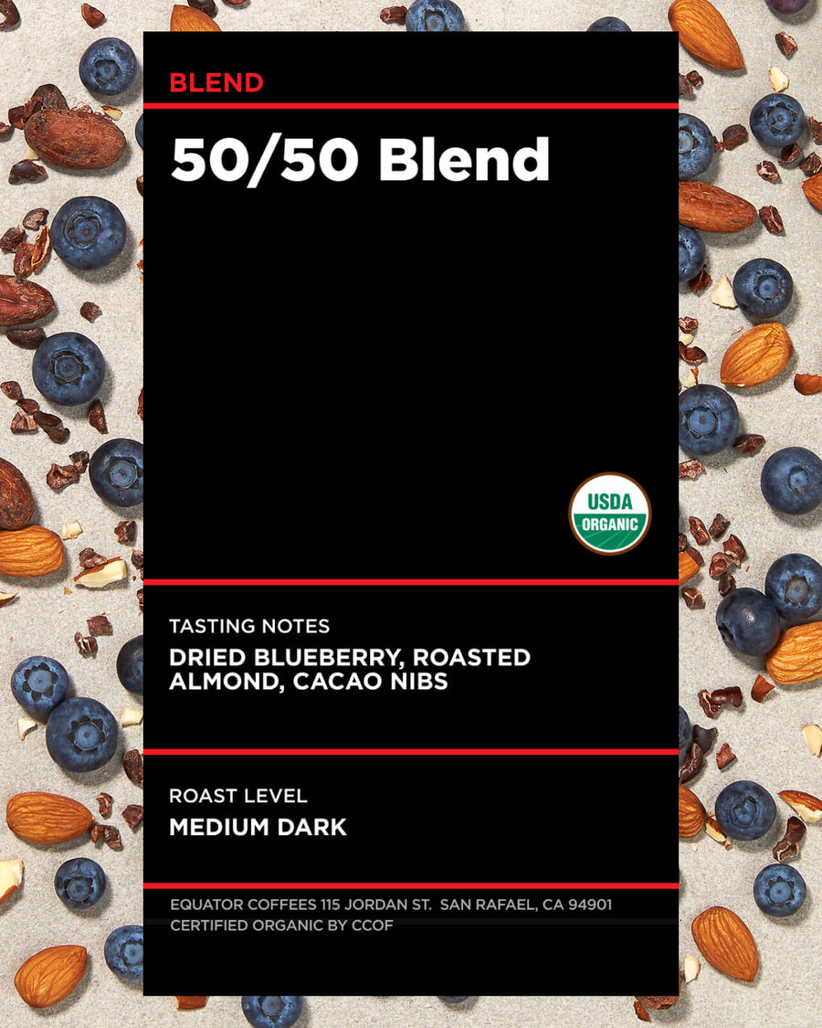 50-50 Blend Coffee | Certified Organic Coffee | Half Caf Coffee | Half Caffeinated Coffee | Medium Dark Roast Blend | Equator Coffees