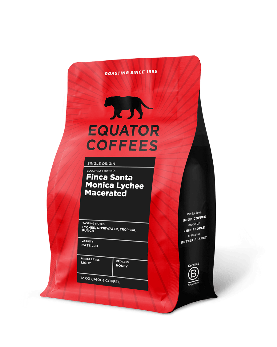 Colombia Finca Santa Monica Lychee Macerated | Macerated Coffee | Lychee Coffee | Quindio Coffee | 12oz Bag of Whole Bean Coffee | Equator Coffees