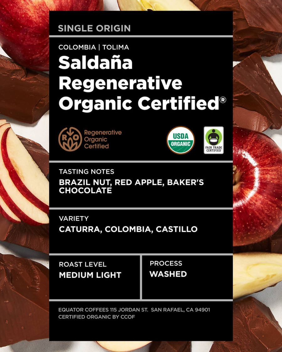 Colombia Saldaña Regenerative Organic Certified | ROC Coffee | Regenerativer Organic Coffee | Tolima Coffee | Colombia Coffee | Medium Light Roast Single Origin Coffee | Equator Coffees