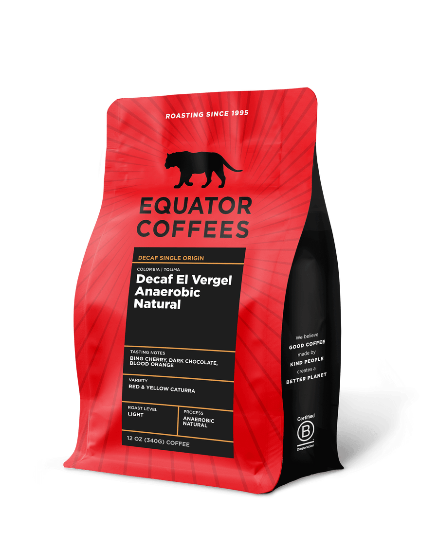 Decaf Colombia El Vergel Anaerobic Natural | Decaf Colombia | Decaf Light Roast | Decaf Anaerobic Natural Coffee | 12oz Bag of Whole Bean Decaf Coffee | Equator Coffees