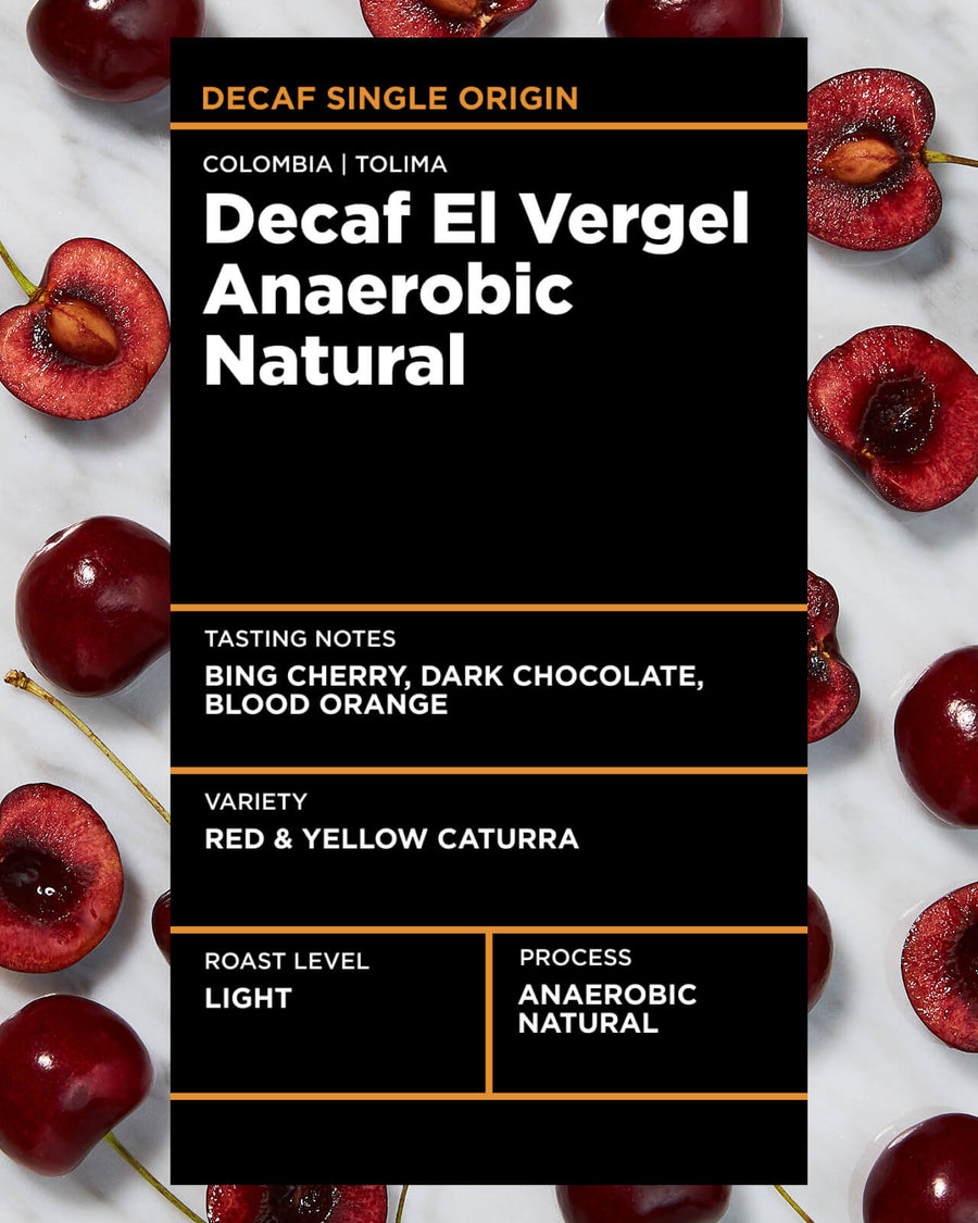 Decaf Colombia El Vergel Anaerobic Natural | Decaf Colombia | Decaf Light Roast | Decaf Anaerobic Natural Coffee | Light Roast Decaf Coffee | Equator Coffees