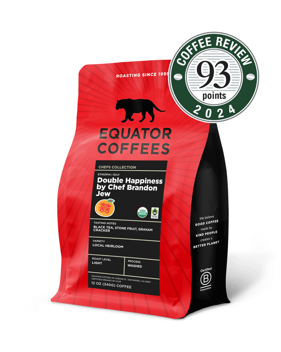 Double Happiness by Chef Brandon Jew | Fair Trade Coffee | Certified Organic Coffee | Brandon Jew Coffee | 93 Points Coffee Review | 12oz Bag of Whole Bean Coffee | Equator Coffees