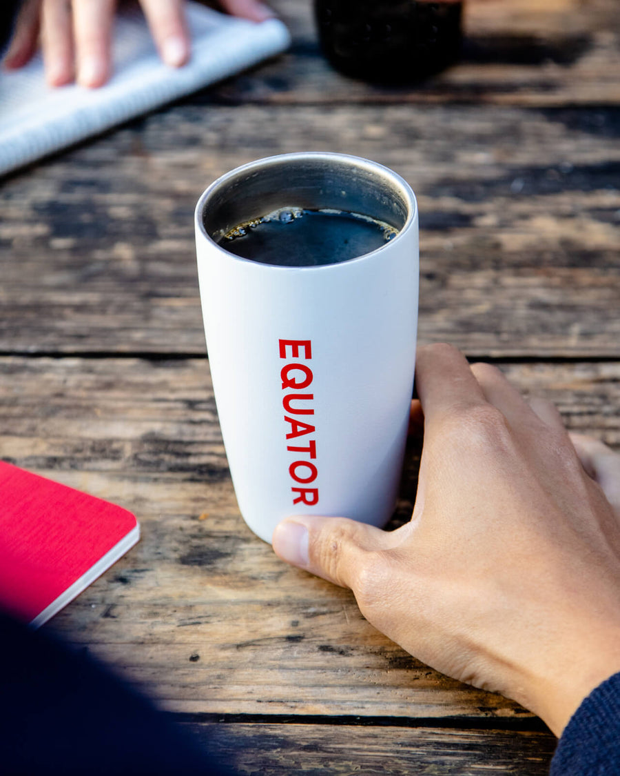 Equator Coffees White Miir Tumbler | Equator 8oz Tumbler | Insulated Coffee Tumbler | Miir Travel Tumbler | Equator White Coffee Tumbler | Drinking Equator Coffee at a Picnic | Equator Coffees