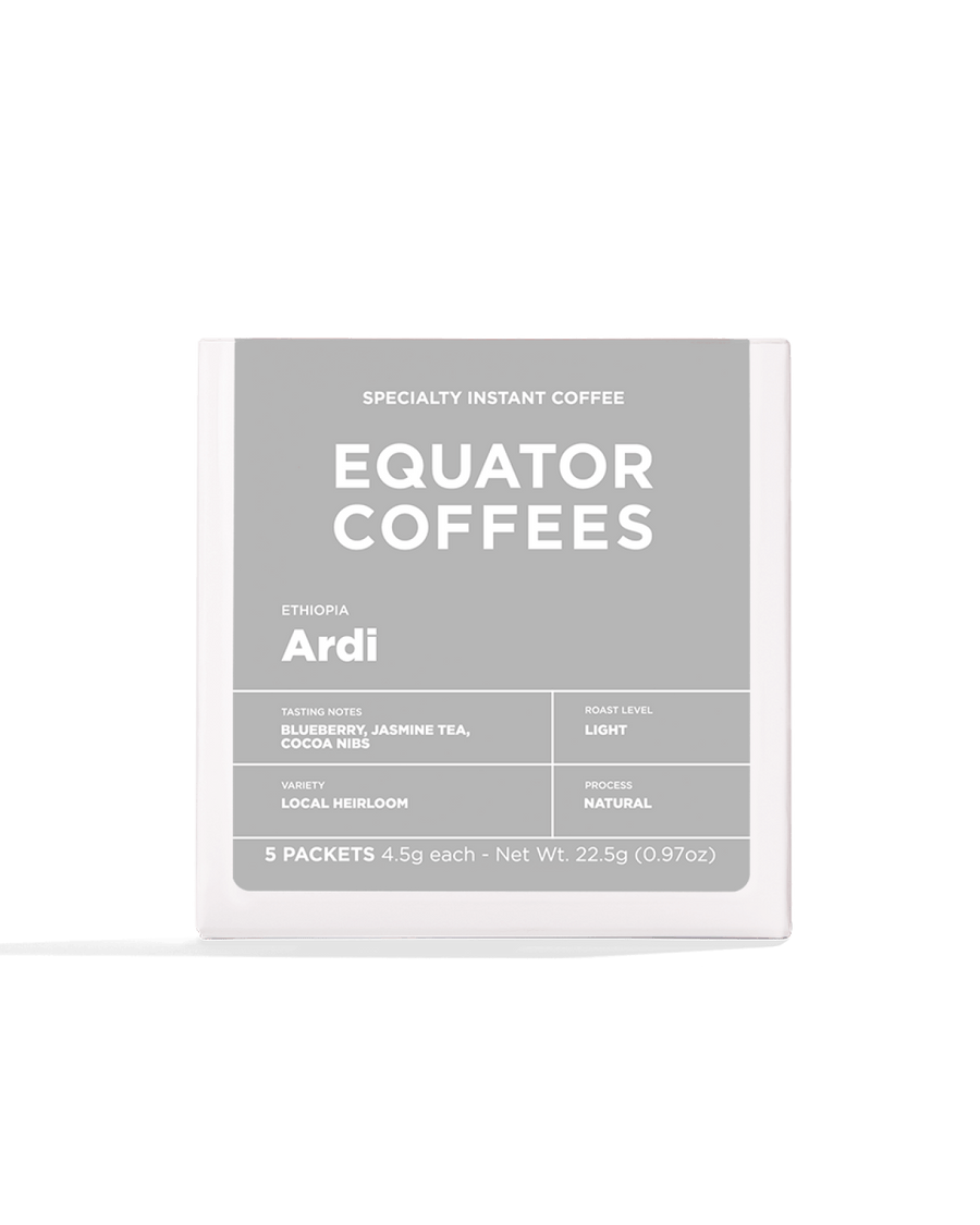 Ethiopia Ardi Natural Instant Coffee | Ethiopia Instant Coffee | Instant Coffee from Ethiopia | Natural Instant Coffee | Front of 5 Sachet Box of Specialty Instant Coffee | Equator Coffees