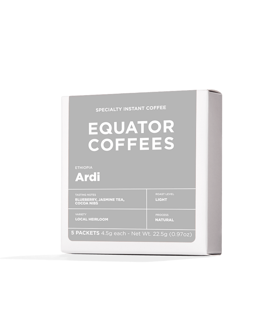 Ethiopia Ardi Natural Instant Coffee | Ethiopia Instant Coffee | Instant Coffee from Ethiopia | Natural Instant Coffee | Right Angle of 5 Sachet Box of Specialty Instant Coffee | Equator Coffees