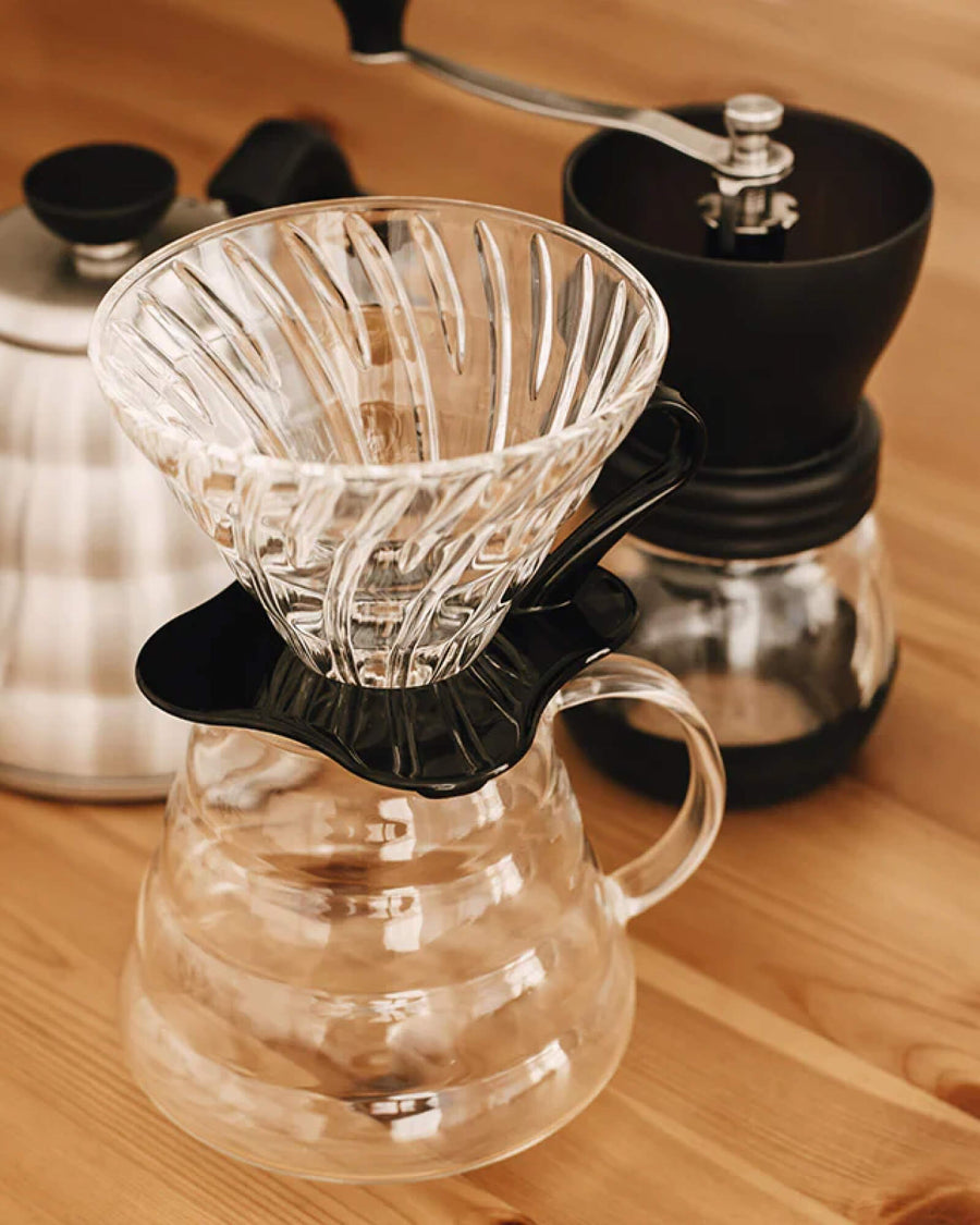 Hario V60 02 Glass Dripper Black |  Brewing Coffee  with Hand Grinder | Equator Coffees