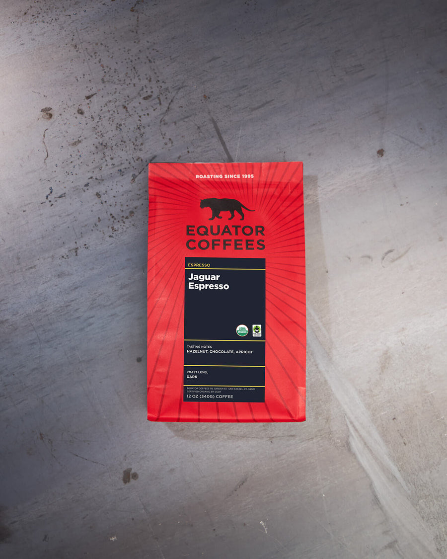 Jaguar Espresso | Fair Trade Espresso | Certified Organic Espresso | Dark Roast Espresso | Coffee Back Backdrop | Equator Coffees