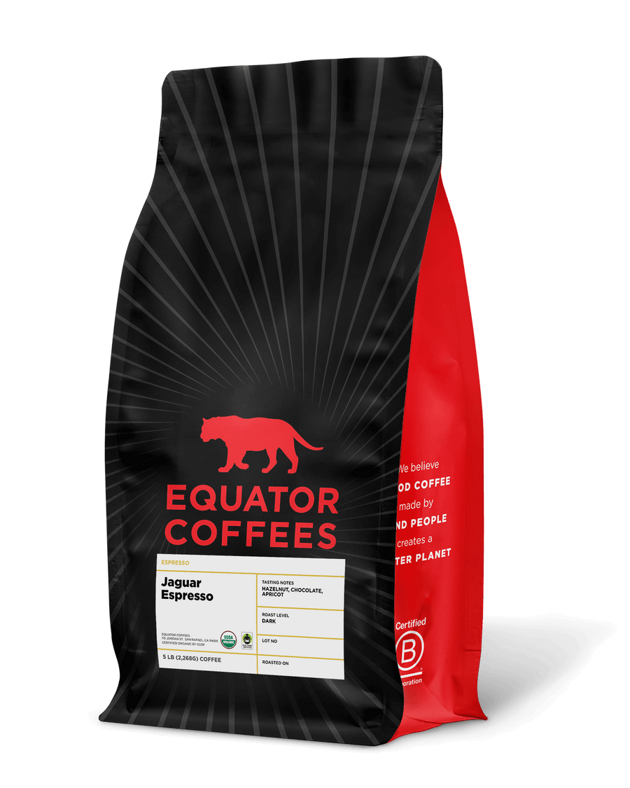 Jaguar Espresso | Fair Trade Espresso | Certified Organic Espresso | Dark Roast Espresso | 5lb Bag of Whole Espresso Beans | Equator Coffees